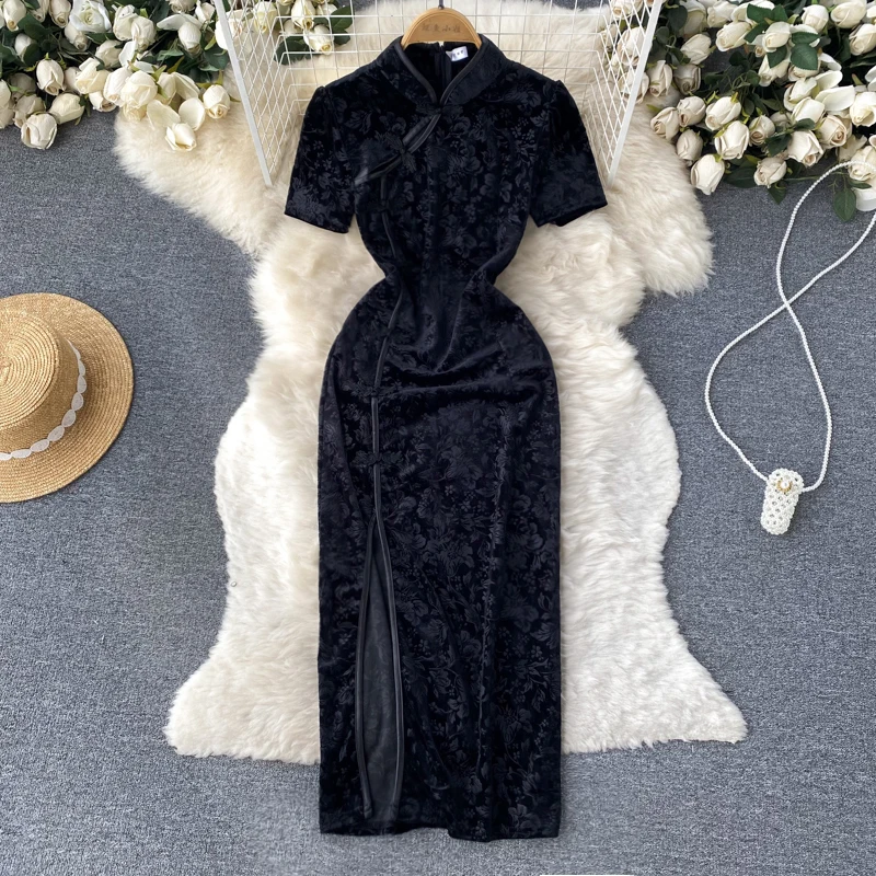 

Chinese Style Summer Vintage Dress Mandarin Collar Empire Dresses Black Woman Mid-Calf Printing Clothing for Women Dropshipping