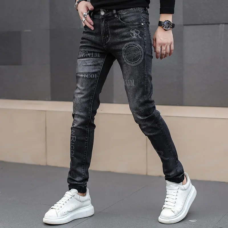 2023 Spring and Autumn New Jeans Men's Elastic Slim Fit Korean Casual Printing Jeans Designer Pants Street Clothing