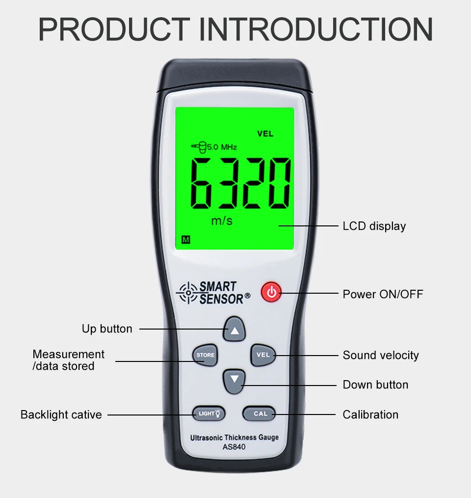 

Цифровой ультразвуковой толщиномер AS840, 1,2-225 мм, с ЖК-дисплеем