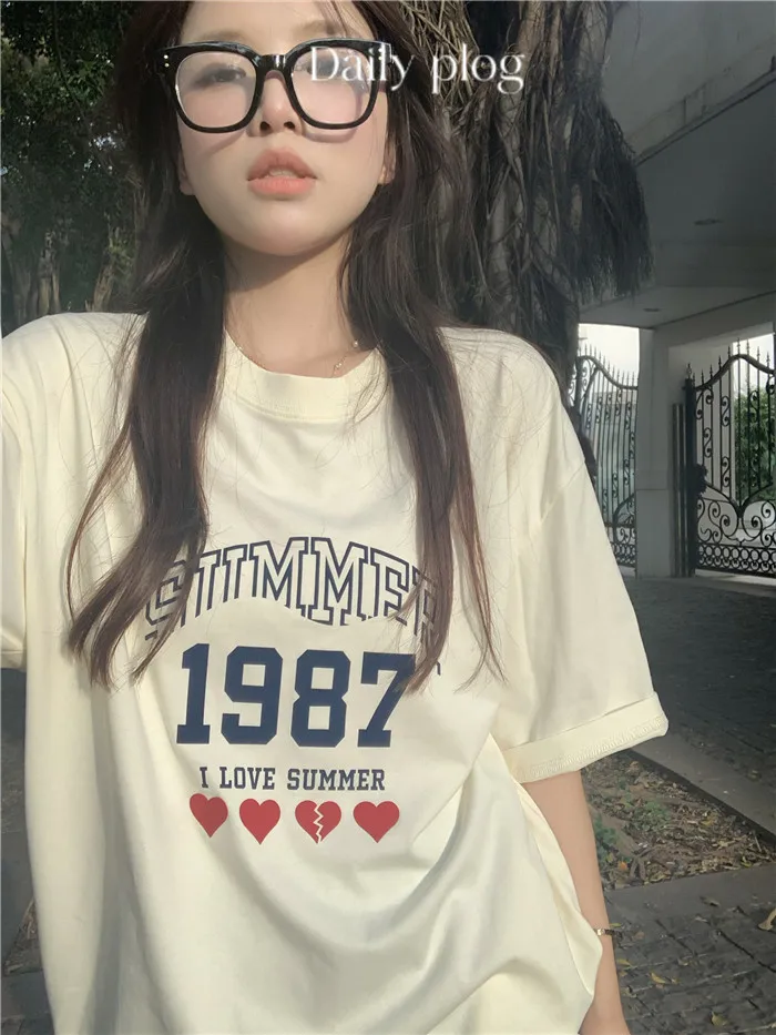 

American full shoulder half sleeve T-shirt women's summer loose casual oversize niche design chic ins trendy top