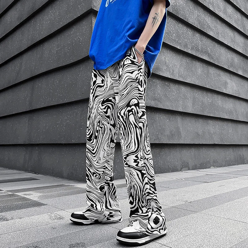 

Summer Tie-dye Pleated Pants Men's Fashion Casual Ice Silk Pants Men Japanese Streetwear Loose Wide-leg Pants Mens Trousers