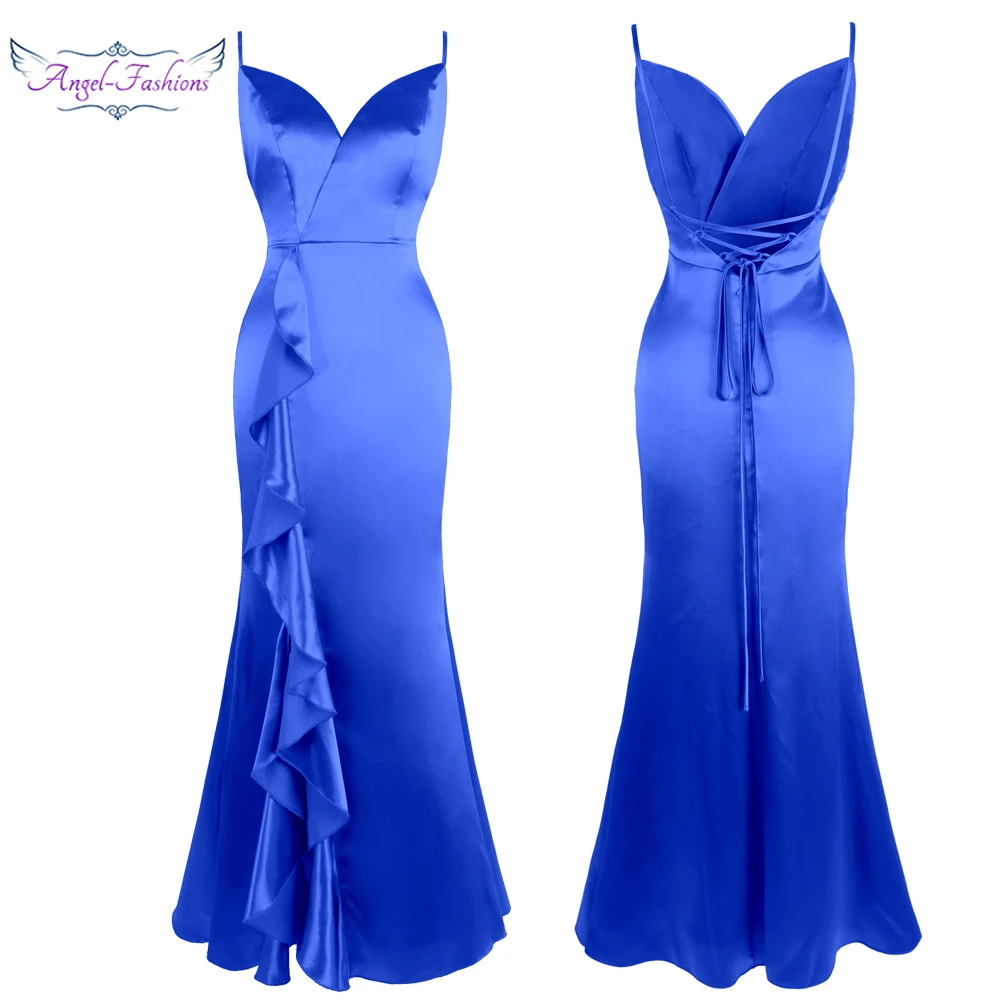 

Angel-fashions Women's Spaghetti Strap V Neck Lace Up Ruffles Split Long Mermaid Satin Elegant Evening Dresses Royal Blue 475