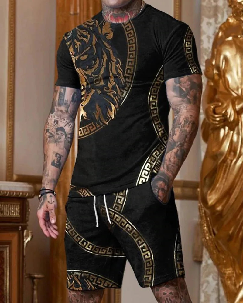 Lion Printed T Shirt Set for Men O-neck 3D 2 Piece Casual Suit 2023 Summer Oversized Men's Tracksuit Sportswear Shorts
