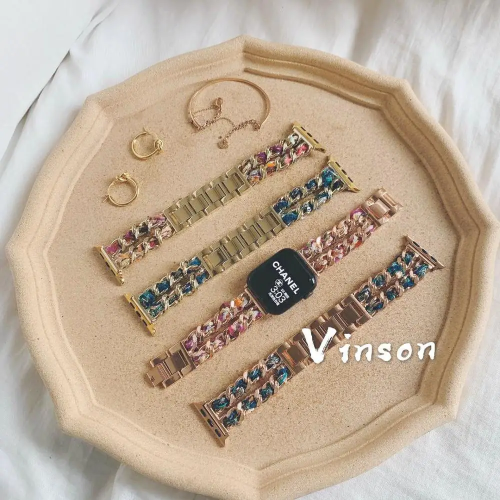 Women Leather Steel Watch Strap Luxury Bands for Apple Watch 8 7 6 SE 5 45mm 41mm Bracelet for IWatch Series 8 7 6 5 4 42mm 44mm