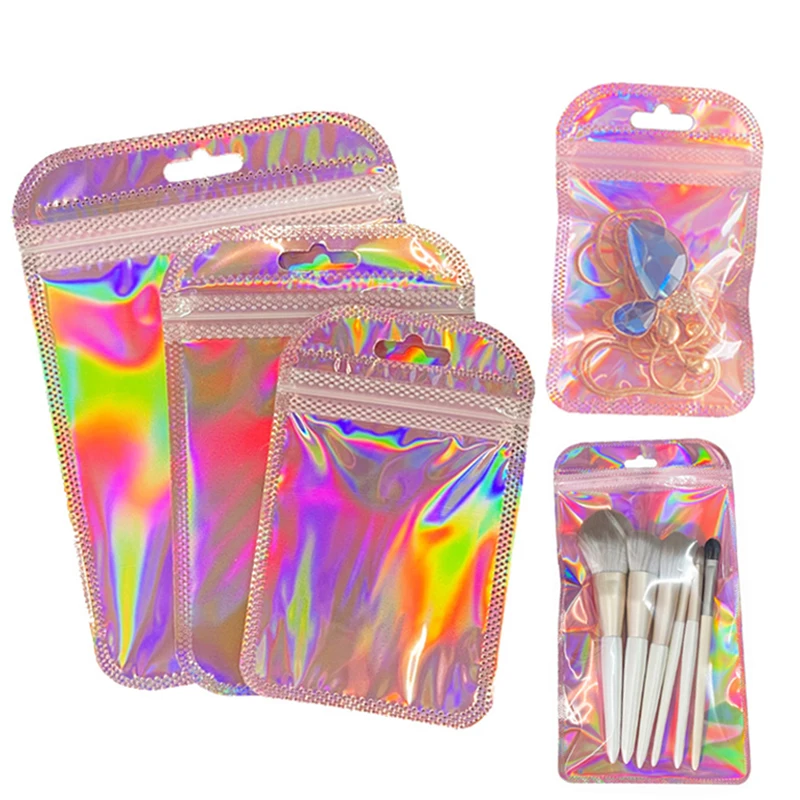 

50pcs/lot Iridescent Self Sealing OPP Bags Laser Iridescent Pink Ziplock Resealable Bag for Jewelry Retail Packaging Bag Pouches