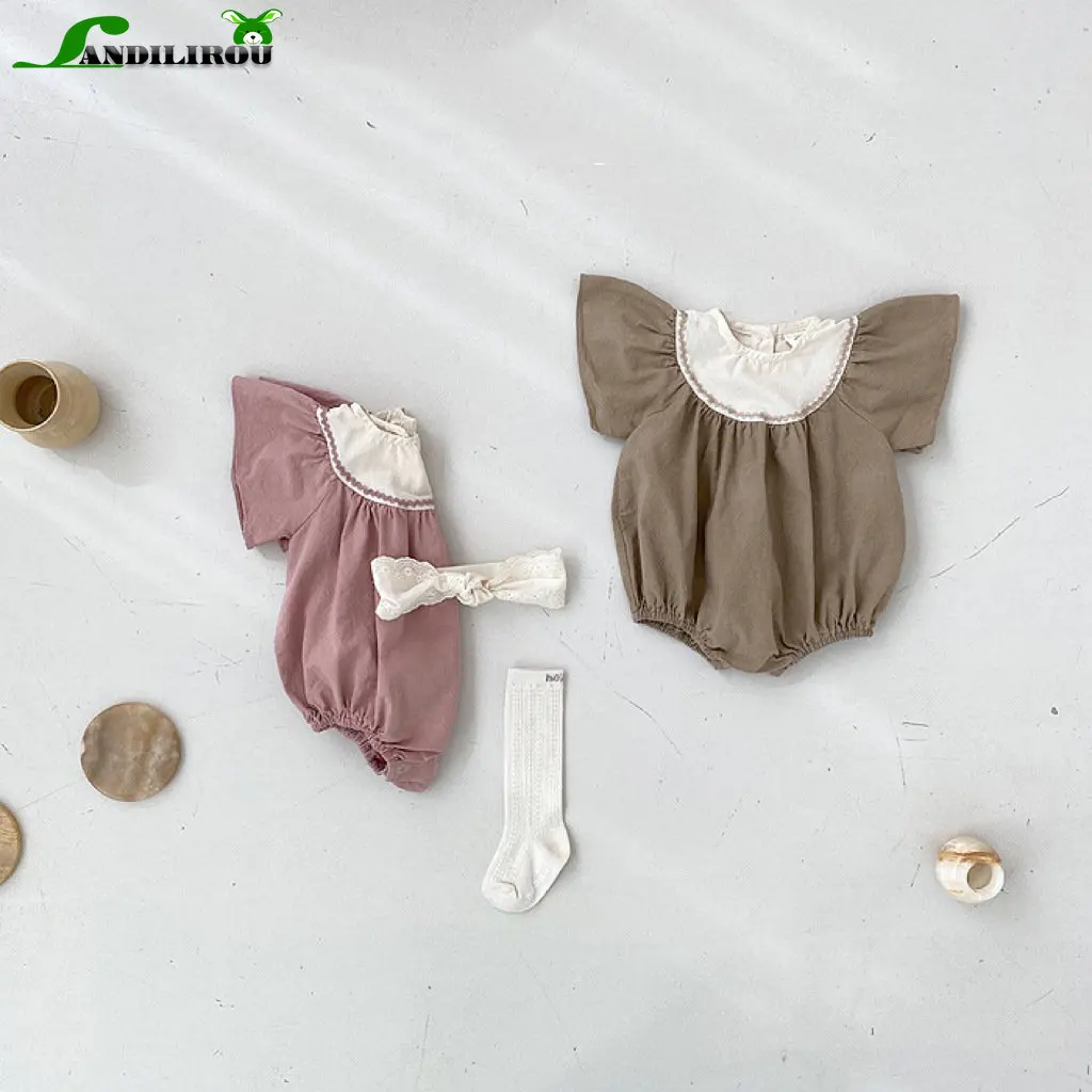 

Kids Baby 유아복 Girls Summer Fly Sleeve Pleat Patchwork Versatile Cotton Jumpsuits Toddler Infant Outdoor Clothin Newborn Bodysuit