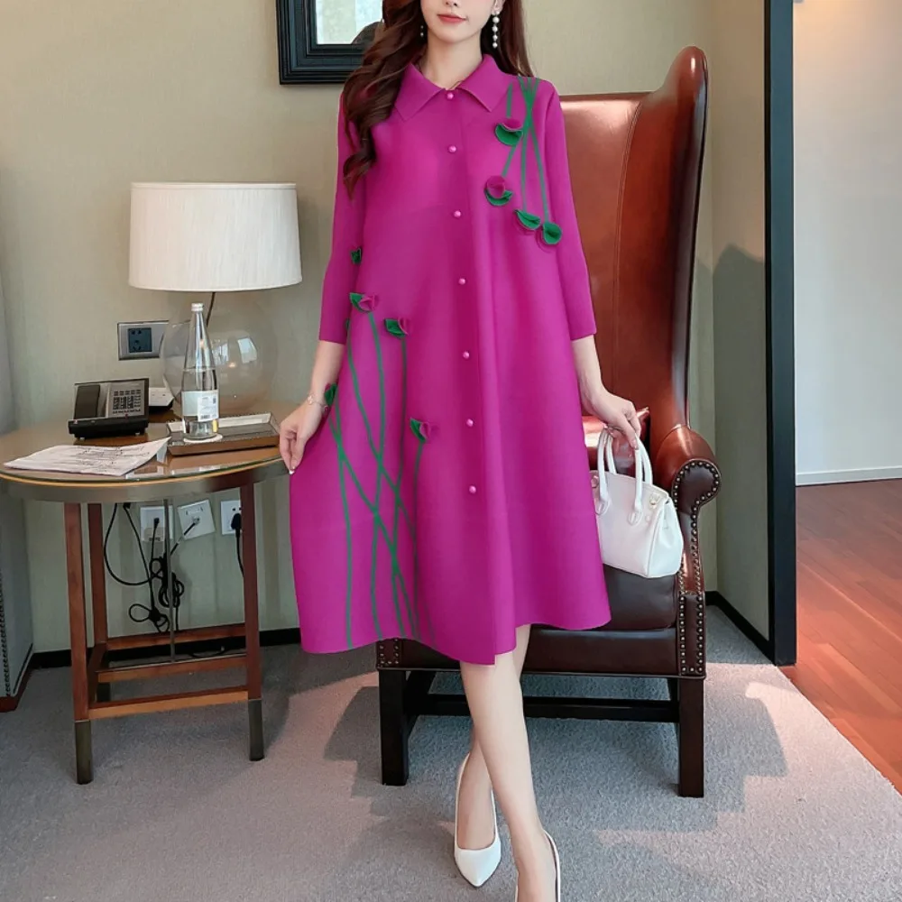 

Женское плиссированное платье миаке, осень 2023, свободный однобортный Кардиган большого размера с принтом и воротником, модная одежда для мам