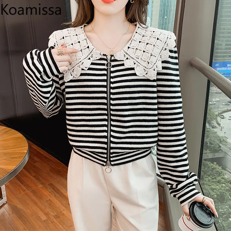 

Koamissa Fashion Women Striped Cardigan Sweet Long Sleeves Peter Pan Collar Zipper Cardigans Korean Knitted Outer Coat Chic Tops