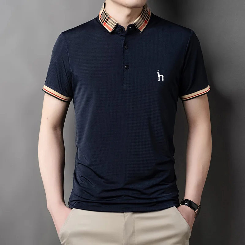 Hazzys Summer Turtleneck Polo Shirt Men's Golf New Loose Fit Short Sleeve T-Shirt Solid Fit