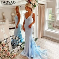 sexy spaghetti straps appliques stain mermaid evening dresses backless v neck prom party gowns sweep train robes de soir%c3%a9e
