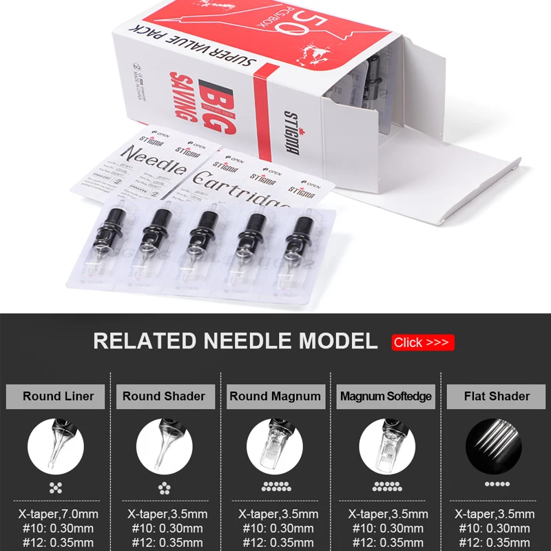 

50Pcs/Box STIGMA PRO RM Tattoo Cartridge Needles Sterile Permanent Makeup Machine Rotary Pen Round Magnum Needles