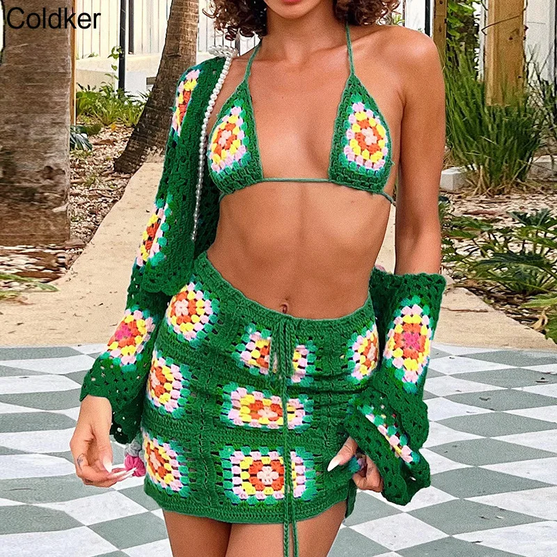 

Summer Women Beach Vacation Bikini Set Flower Printed Hand Crochet Drawstring Suit Sexy Casual Hip Skirts For Female Clothing