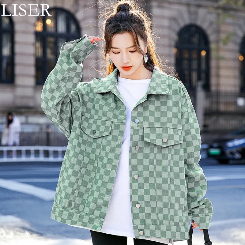 

Fashion Plaid Print Candy-Colored Denim Jacket 2022 Spring New Loose Casual Blue Green Denim Jacket Women'S All-Match Top LL911