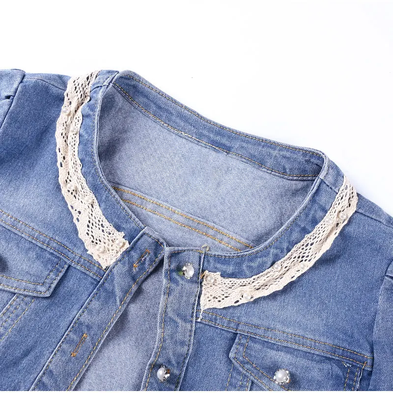 Women Lace Trim Round Collar Crop Jean Jackets Seven Sleeve Light Blue All Match Bomber Short Denim Coat Korean Casual Jeans Y2K - купить по