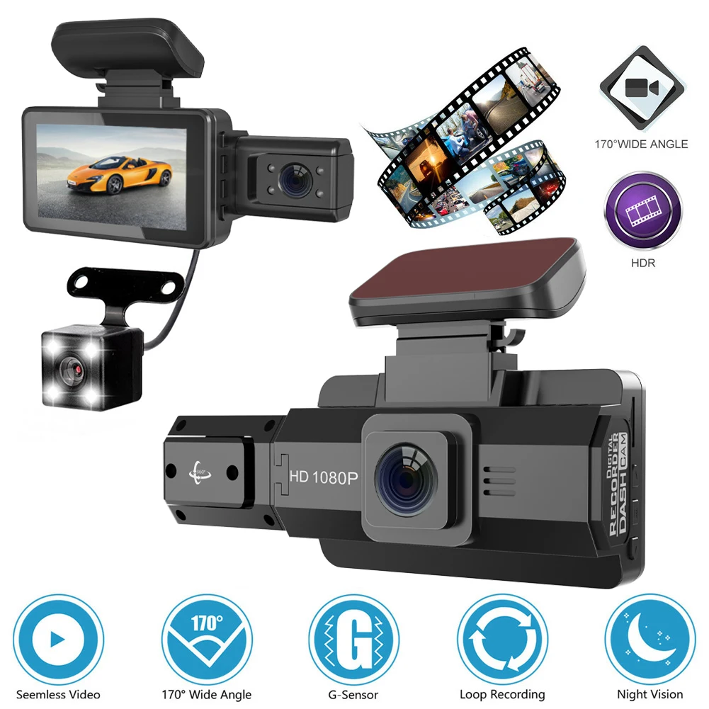 

Car Dash Cam Front and Rear HD 1080P 170° DVR Driving Recorder Front and Inside Camera 3 inch Screen Night Vision Loop Recording