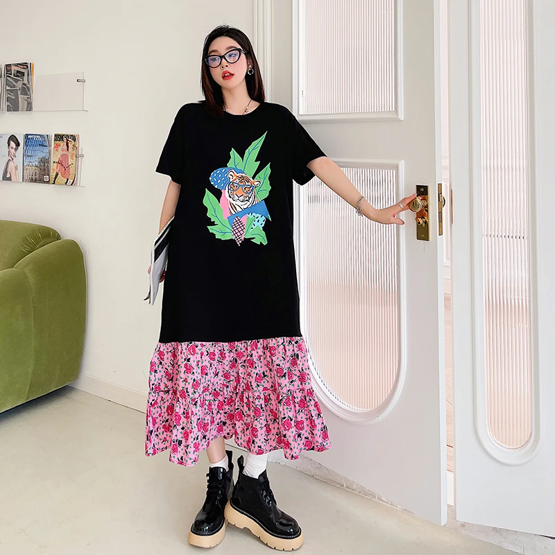 

Fashion Casual Woman Dress for Women Aesthetic Broken Flower Splicing Large Stitched Long Loose Tiger Graphic T-shirt Dresses