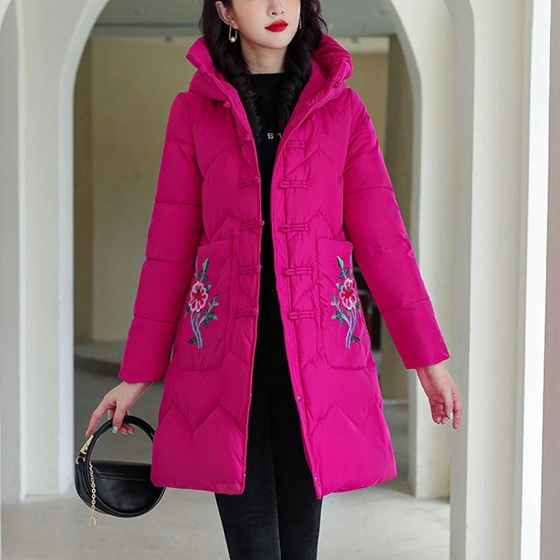 Fashion Ethnic Embroidered Jacket Women Warm Loose Long Overcoat Windproof Hooded Parkas Thick Cotton Cheongsam Coat