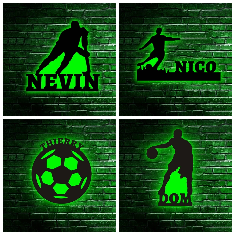 

Настенный неоновый светильник, персонализированное название, для хоккея с шайбой, футбола, баскетбола, деревянная лампа для гостиной, игровой комнаты, украшение для спальни