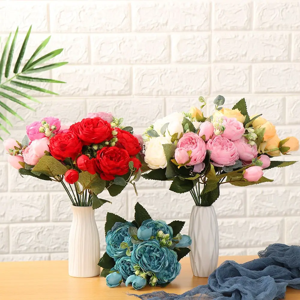 

30cm 9 head Vase DIY Decor Home Ornament Vintage Silk Peony Party Decoration Artificial Flowers Rose bouquet