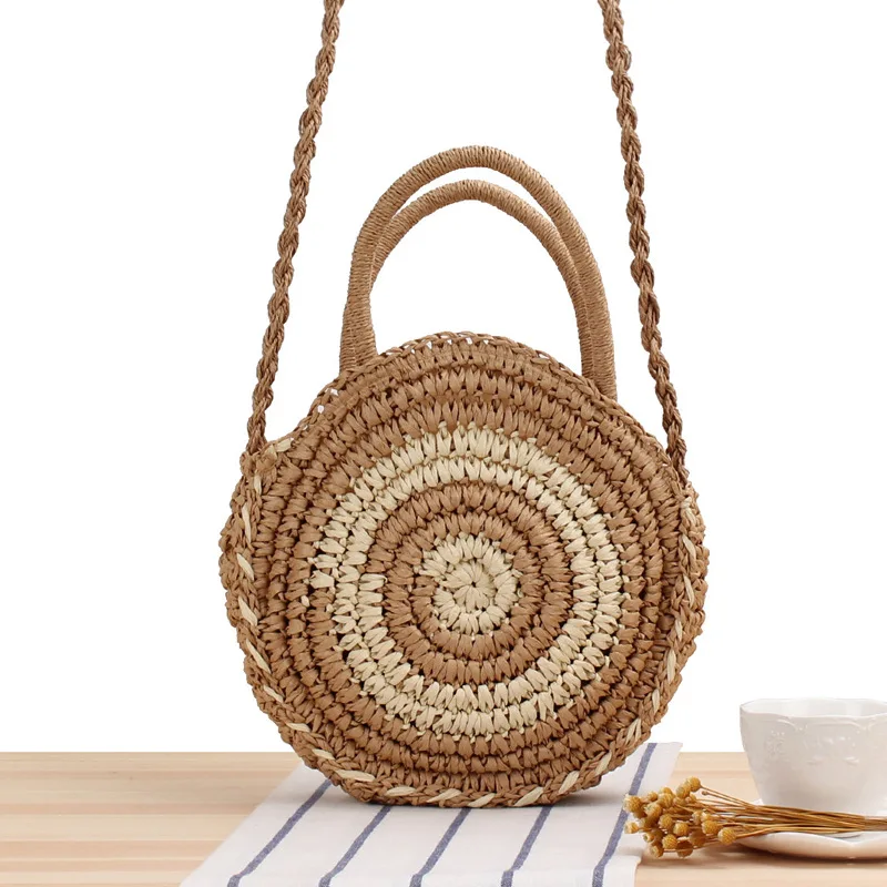 

Round Straw Beach Bag Vintage Handmade Woven Shoulder Bags Raffia Circle Rattan Bohemian Summer Vacation Diagonal Pack