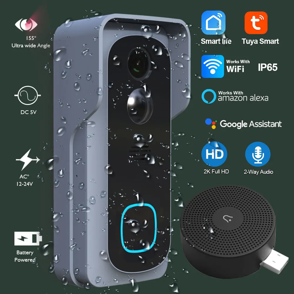 Tuya 3MP Video Doorbell Camera WiFi IP65 Waterproof Battery 