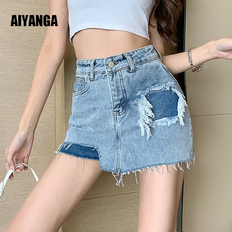 

Женская джинсовая юбка-шорты, Повседневная Асимметричная мини-юбка с дырками, модель Y2K на лето, 2022