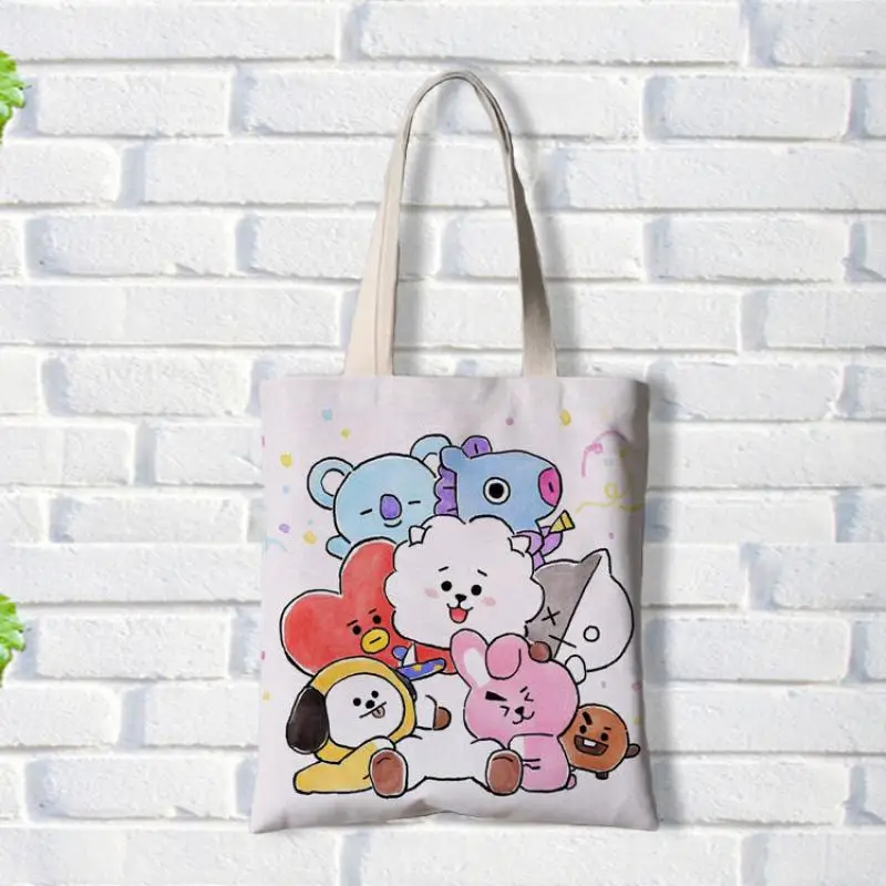 Kawaii Line Friends Bt21 Anime Hobby Tata Chimmy Cooky Canvas Bag One Shoulder Handbag Miscellaneous Storage Bag Shopping Bag