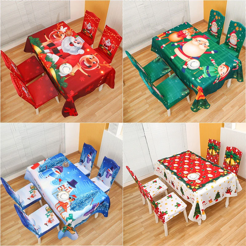 

Christmas Tablecloth/ Chair Cover Set Tablecloth Kitchen Table Decor Santa Claus Table Cover Elastic Waterproof Home Textile Hot