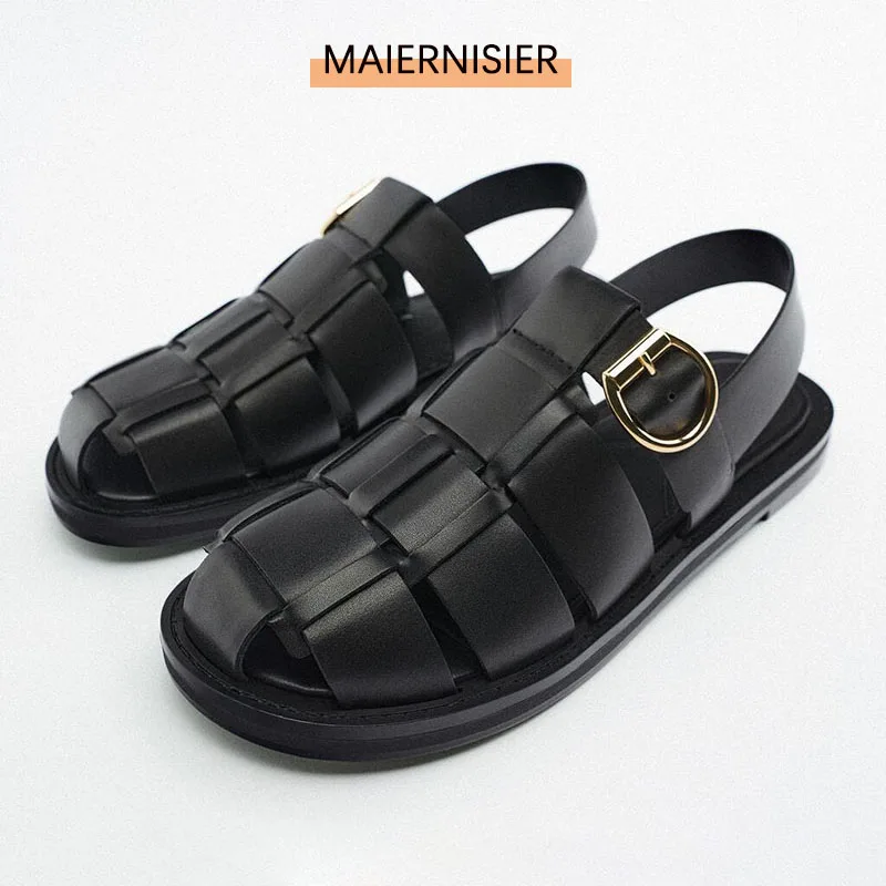 

Women'S Shoes Leather Gladiator Sandals Women'S 2022 Round Toe Flat Women'S Shoes Black Women'S Summer Sandals