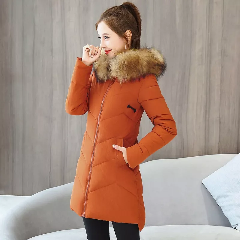 New2022 new mid long clothes women's Down parka version slim hooded big hairy collar down cotton jacket batch