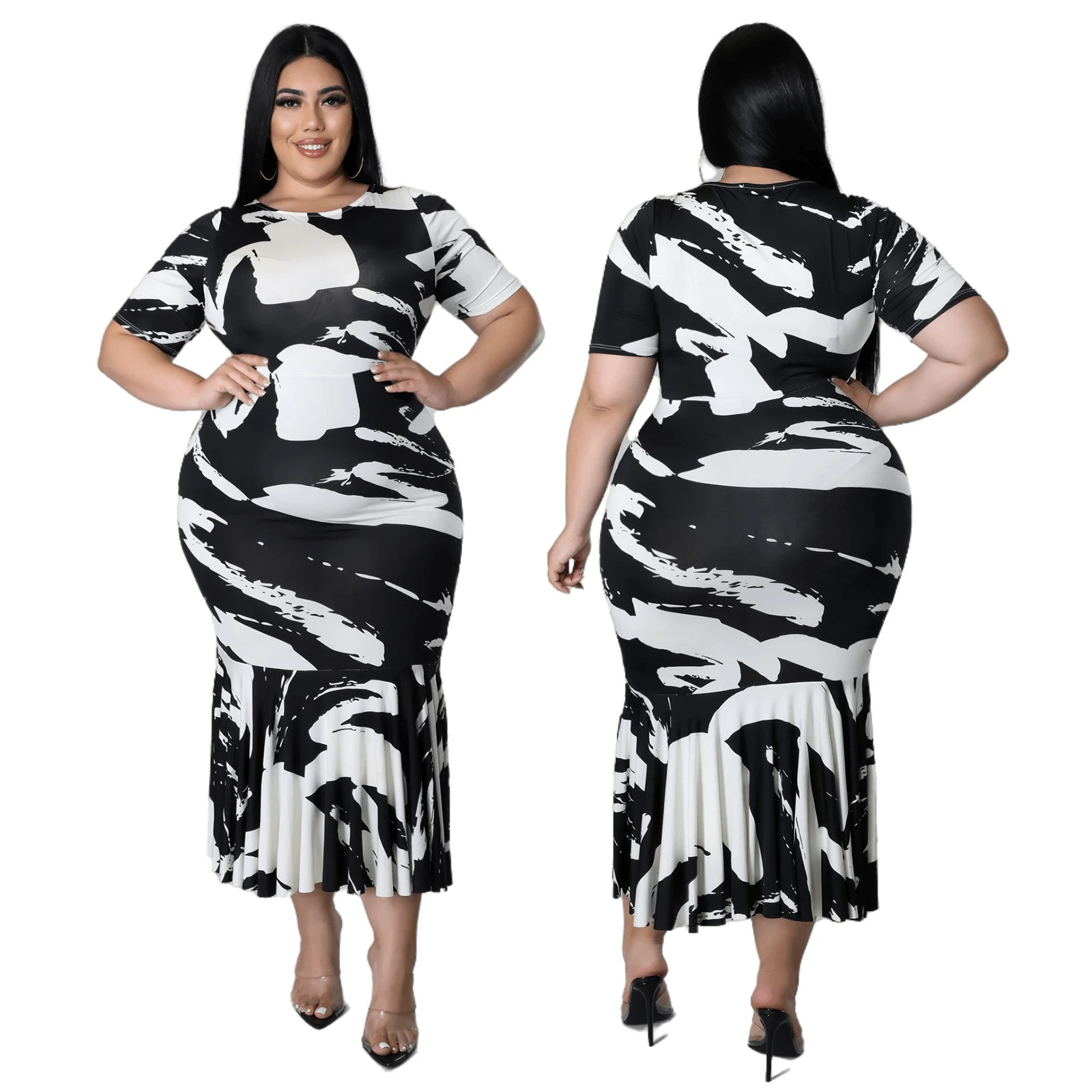 

2022 spring and summer plus size women's long sleeved casual clothes fashion women's classic elegant Printed Dress
