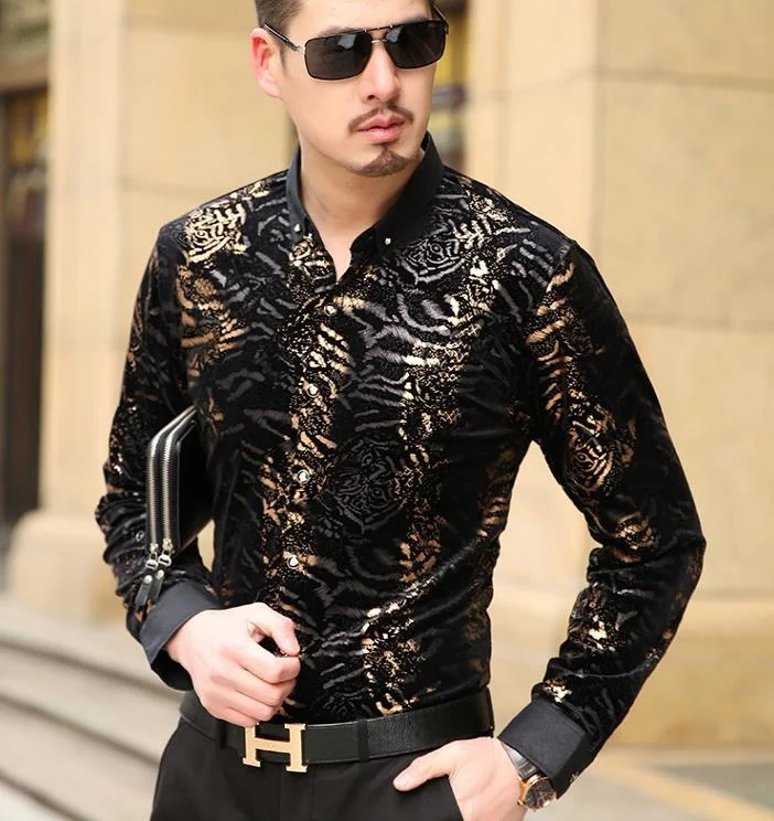 

High Quality Print Luxury Leopard Brand Silk Shirts Men's Fashion Long Sleeve Spring Summer Business Dress Floral Shirt