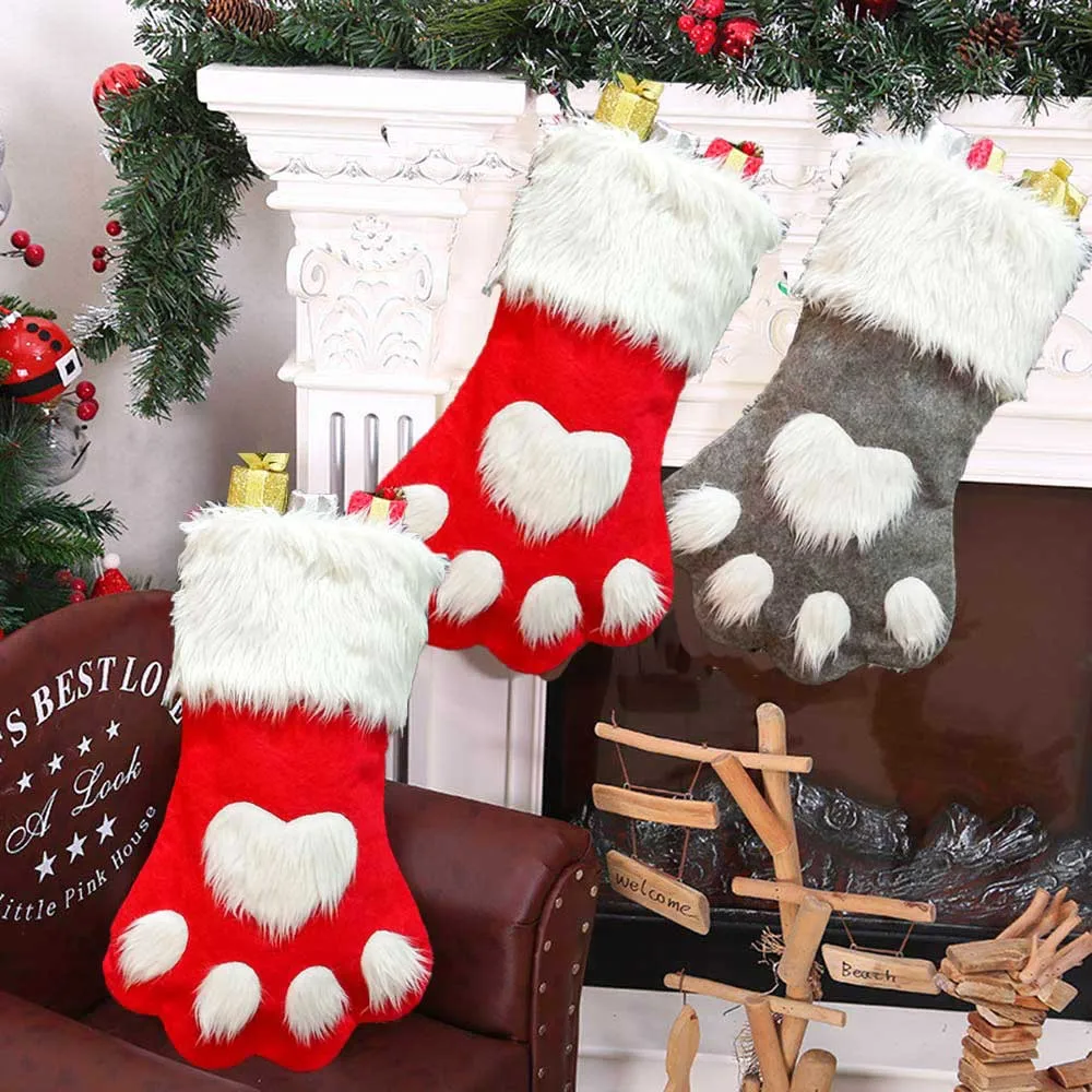 Merry Christmas Socks Christmas Tree Ornaments Sack Xmas Gift Candy Bag Cute Fabrics with Dog Cat Paw Christmas Stocking Socks