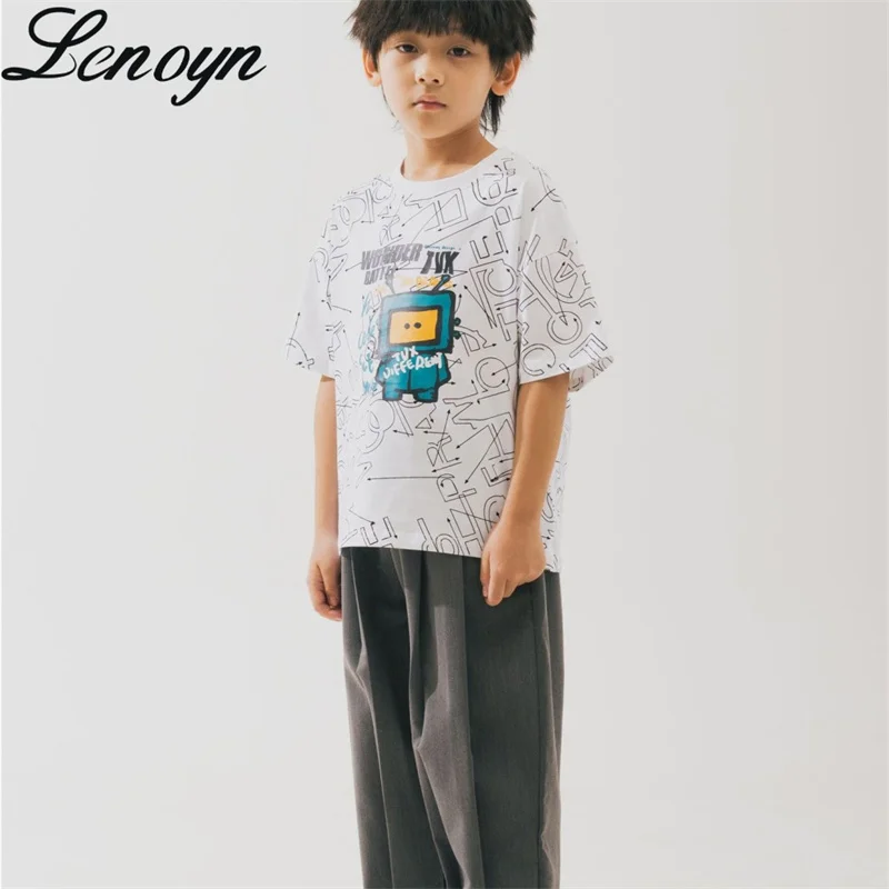 

Lenoyn Summer New All Over Letter Children's Round Neck Short Sleeve T-shirt Loose Boys' Baby Top