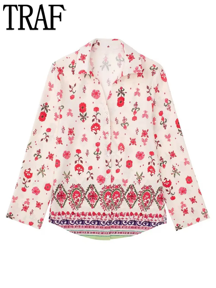 

TRAF Pink Floral Shirts for Women Boho Button Up Shirt Woman Summer 2022 Long Sleeve Loose Women Tops and Blouses Collared Shirt