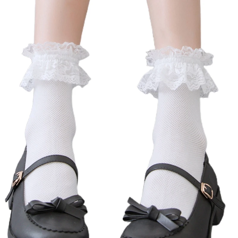 

Japanese Women Girls Cotton Ankle Socks Harajuku Lolita Kawaii Ruffle Frilly Top Trim Lace Solid Color Uniform Hosiery