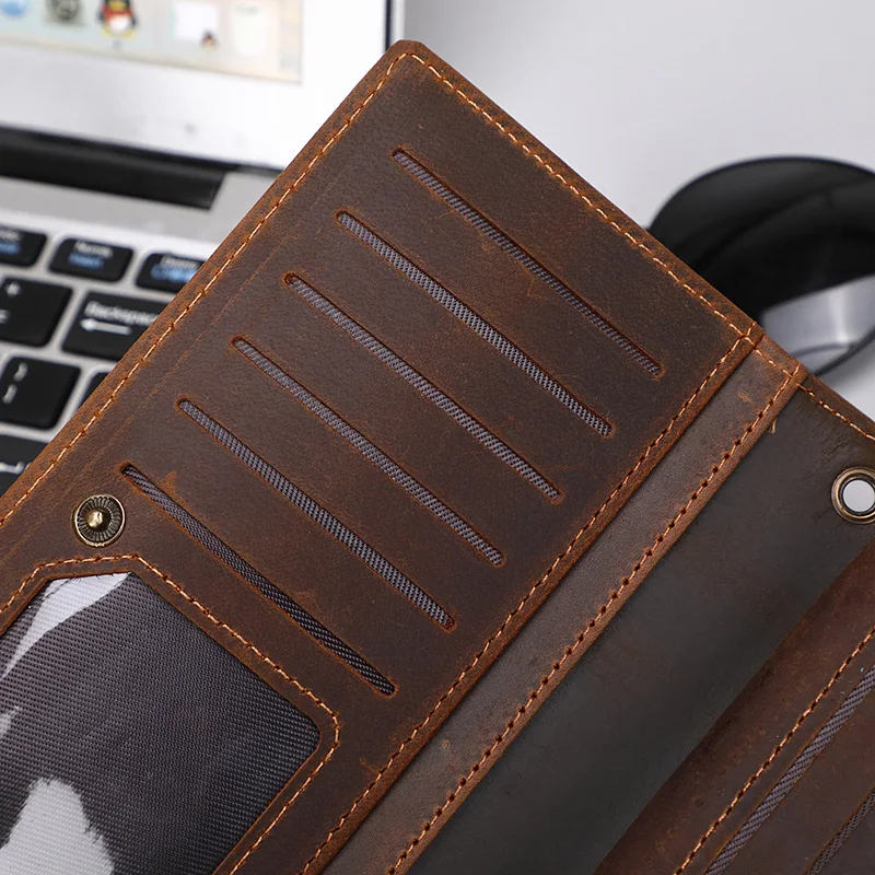 Men's First Layer Cowhide Leather Wallet Crazy Horse Leather Long Wallet Vintage Coin Purse Cowhide Clutch Leather Wallet