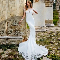 modern long sleeve wedding dress for women bohemian o neck bridal gown lace appliques spandex button sweep train vestidos noiva