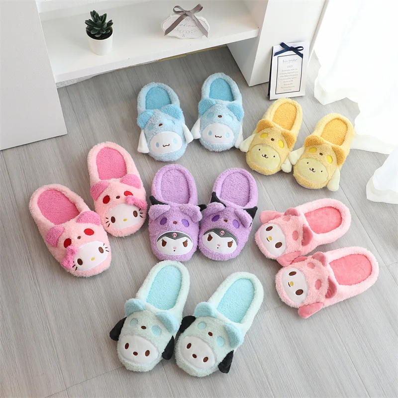 

HelloKitty Anime Kawaii Sanrio Plush Slippers New Cute MyMelody Kuromi Pochacco Cinnamoroll Home Winter Warm Girl Birthday Gift