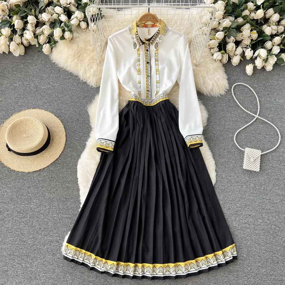 

Aibeautyer New Casual Spring Autumn Floral Print Slim Lady Full Dress A Line Chiffon Single Breasted Mid-Calf Women Dresses