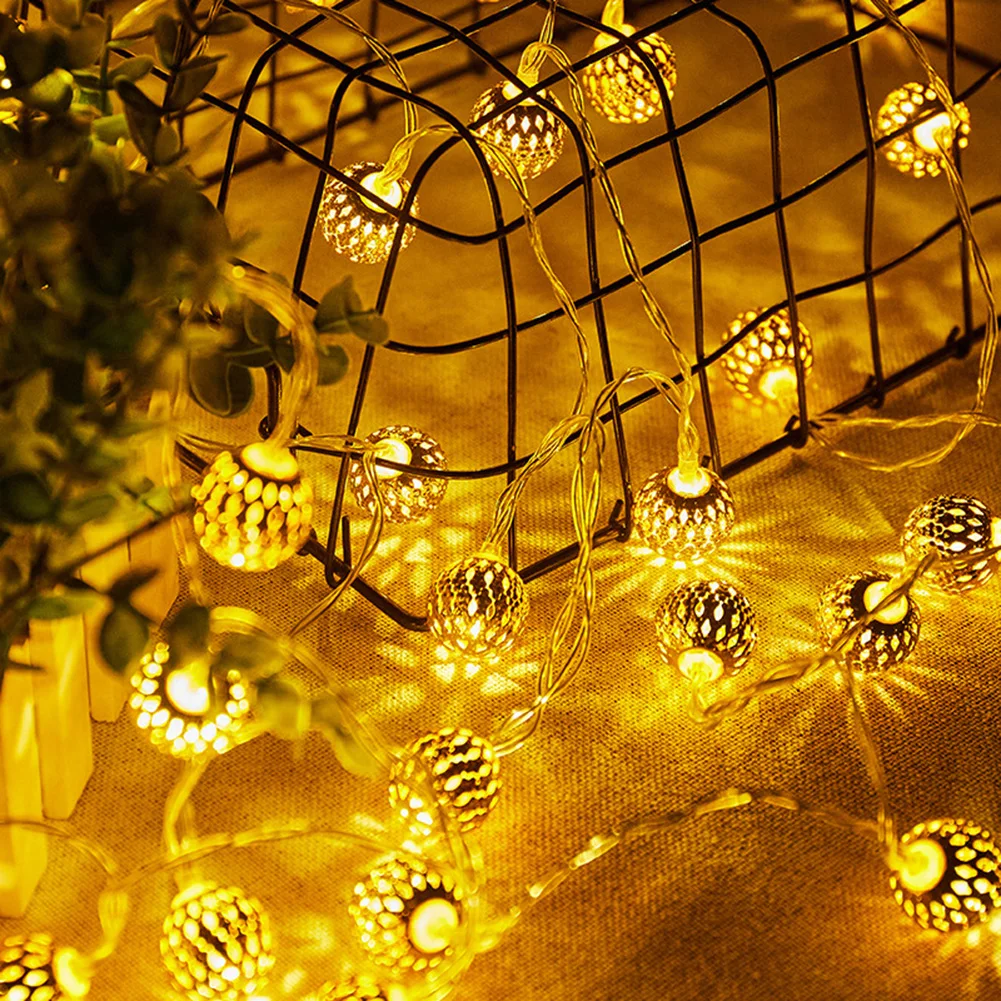 

1.5m Moroccan Balls Gold Iron Garden String Lights Christmas Decora Light Rattan Balls Lamp Warm White Wedding Garden Garland