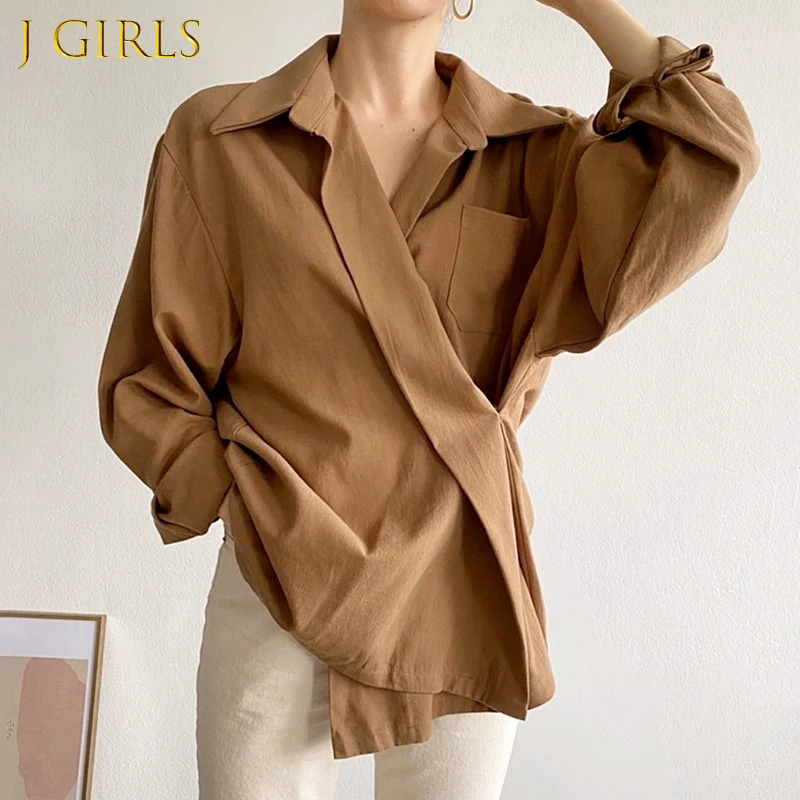 

J GIRLS Women Shirt 2021 Korean Fashion Autumn Elegant Lapel Cross Design Loose Solid Pocket Casual Long Sleeve Shirts Top