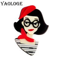 yaologe acrylic modern brunette red riding hood lady brooch for women designer fashion teacher office badge collar pin gift