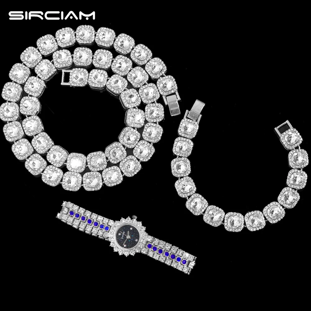 

3Pcs Hiphop Necklace +Watch+Bracelet Punk Curb Cuban Link Chain Necklace For Men Women Square Crystal Cuban Link Party Jewellery