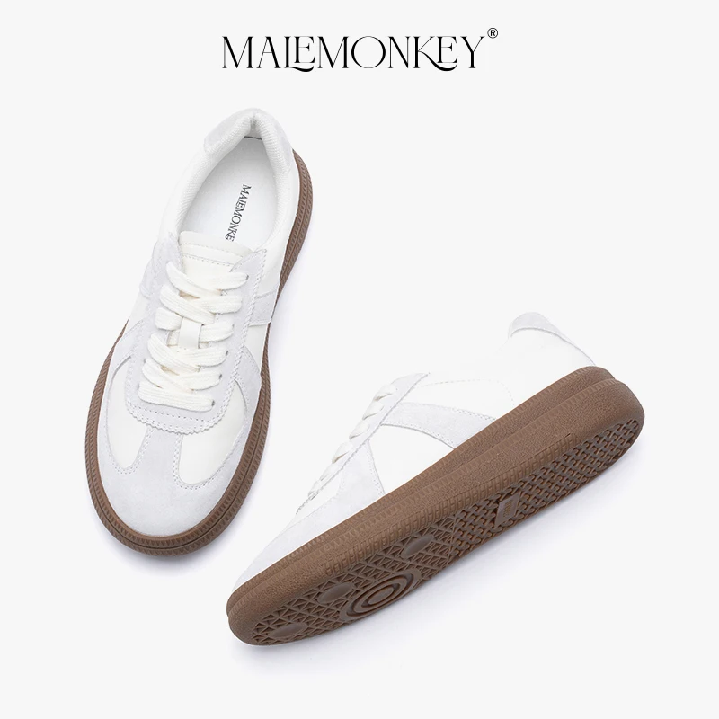 MALEMONKEY Casual Sneakers Women Suede Lace-up Flats Spring Round Toe Ladies Shoes Comfortable Breathable Trainers Handmade