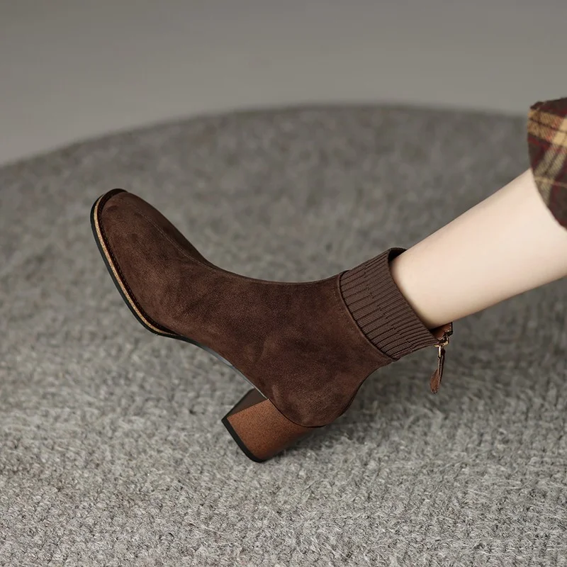 

Flock Ankle Boots for Women Square Toe Chelsea Booties Back Zipper Black Ladies Party Pumps Thick Mid Heels Boots Zapatos Mujer