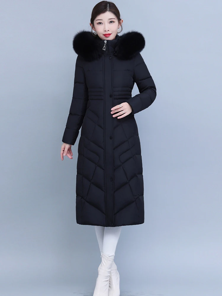 New Women Down Jacket Winter Casual Fashion Thicken Warm Real Fox Fur Collar Hooded Long White Duck Down Coat Slim Overcoat