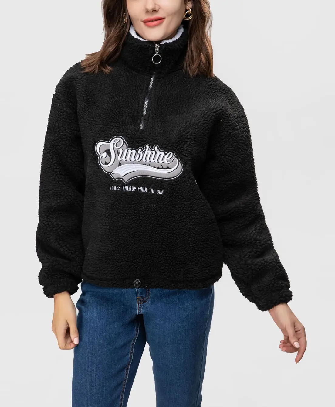 

FASHIONSPARK Women's Teddy Fleece Lined Hoodie Quarter Zip Print Pullovers Stand Collar Casual Lightweight Sherpa Sweatshirts