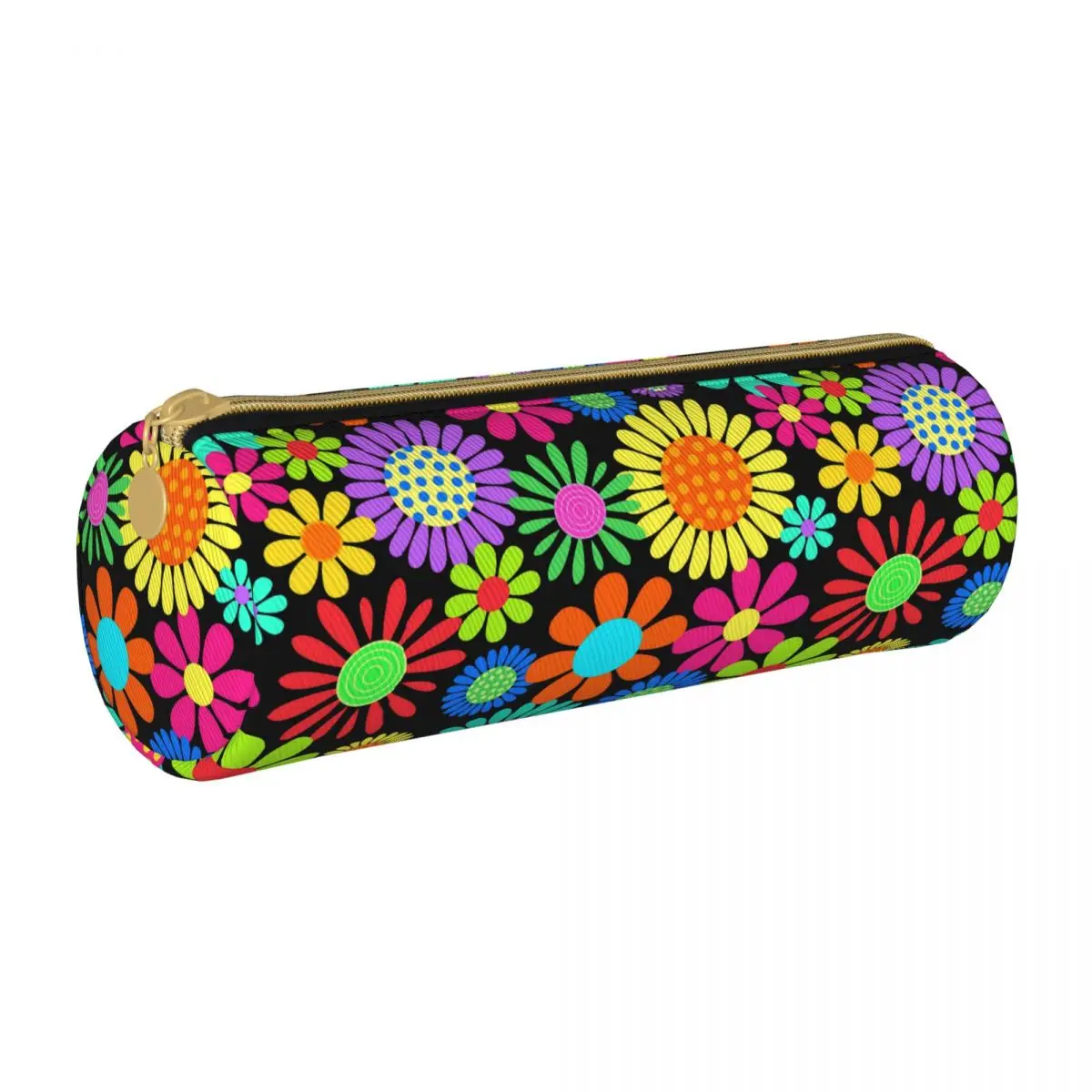 

Flower Power Round Pencil Case Retro Floral Print Cute Leather Pencil Box University For Teens Zipper Pen Bags