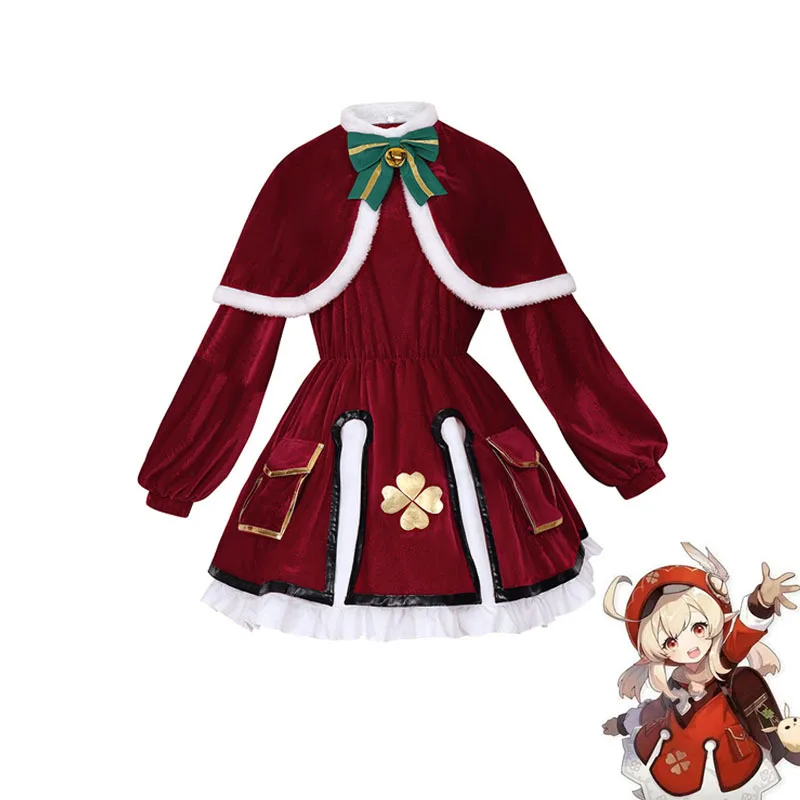 

Genshin Impact Klee Christmas Costume Sexy Cute Red Women Autumn Winter Plush Evening Dress Klee Uniform